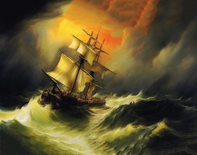 Ship in a Storm at Sea, William Turner malestil, print på forespørsel av F. Abderrahim