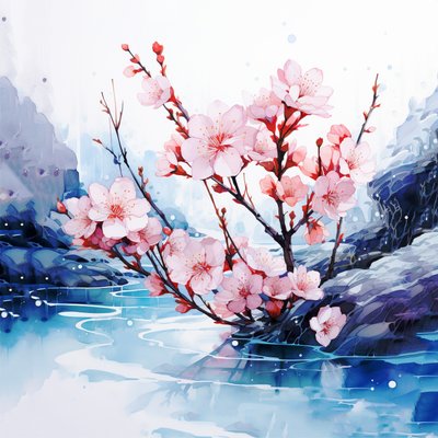 Surrealistisk akvarellmaling Japanske kirsebærblomster blomster, veggkunsttrykk av F. Abderrahim