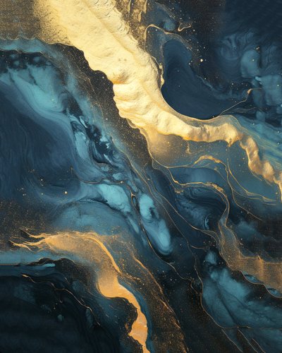 svart iriserende bakgrunnsgradient, blå og gylden marmor, veggkunsttrykk av F. Abderrahim