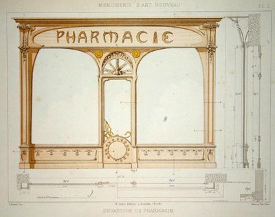 Design for en butikkfront på et apotek, illustrasjon fra 