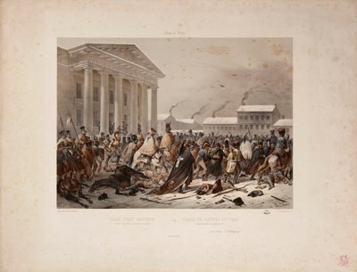 Tilbaketrekkende fransk hær på Rådhusplassen i Vilna, gravert av Victor Adam (1801-66) og Louis Pierre Alphonse Bichebois (1801-50) 1812 av F. Daniel