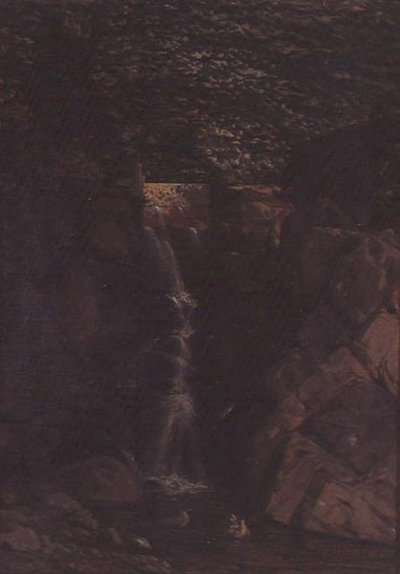 Foss i et skogslandskap av F. Famin