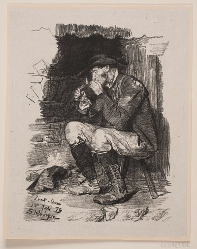 En mann tenner pipen sin av F. Hendriksen
