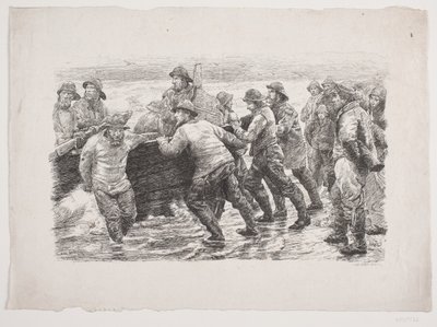 Fiskere i ferd med å sette en båt i vannet av F. Hendriksen