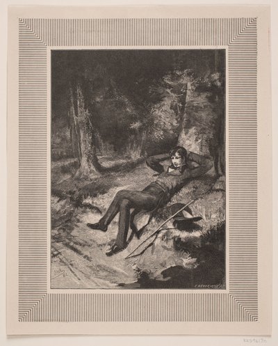 Illustration til C. Hauch, "Den Elskede"   1282293   no       norwegian Successfully Translated  Original: Studie van een mannelijk naaktmodel, op de knieën met een zwaard en schild in de handen, in het atelier van Jacques de Lalaing Translat: Studie van e av F. Hendriksen