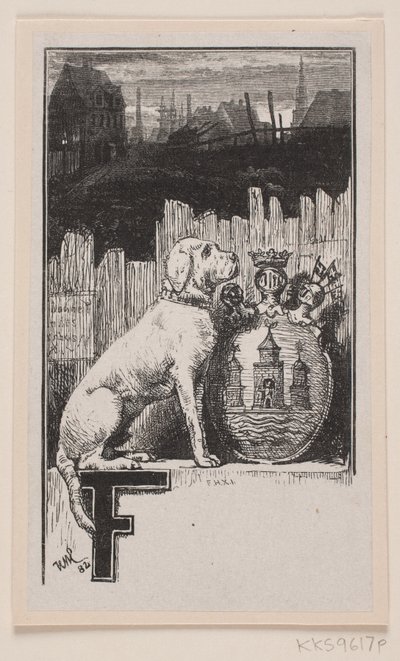 Initial vignett."F" med hund og Københavns våpenskjold av F. Hendriksen
