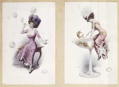 Postkort som viser en kvinne som blåser bobler og fisker i et champagneglass, ca. 1900 (farge litho) av F. Kuderna