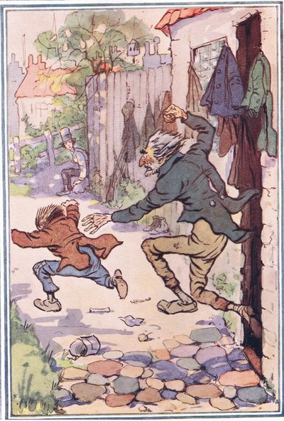 Hed skynder seg ut av butikken etter dem og sender dem flyvende, illustrasjon fra David Copperfield, 1914 av F. M. B. Blaikie