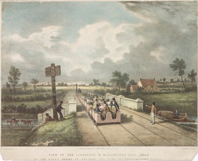 Utsikt over Liverpool & Manchester Rail Road ved punktet hvor den krysser Duke of Bridgewaters Canal, gravert av A.B. Clayton, 1831 av F. after Nicholson