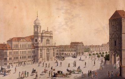 Hybern Square, Praha (farget etsning og kobbergravering) av F. and Heger, P. Heger