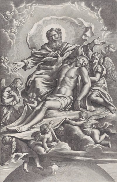 Den hellige treenighet, med den døde Kristus i sentrum omgitt av engler, Gud Faderen, ..., 1650-90. av F. de Louvement