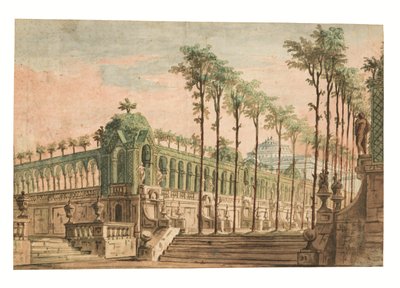En scenedesign av en palasshage (penn og brunt blekk, akvarell) av Fabrizio Galliari