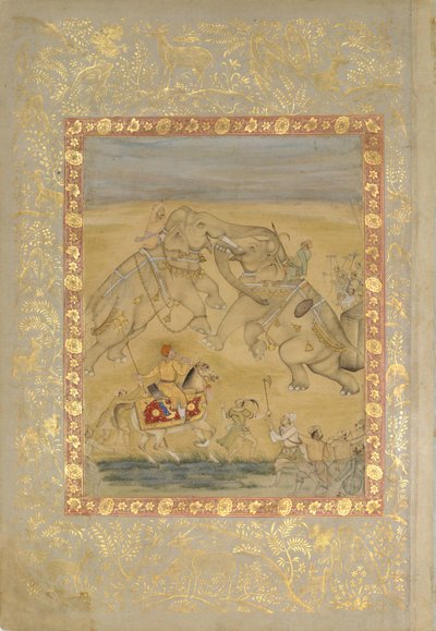 Jahangir ser på en elefantkamp, ca. 1605. av Farrukh Chela