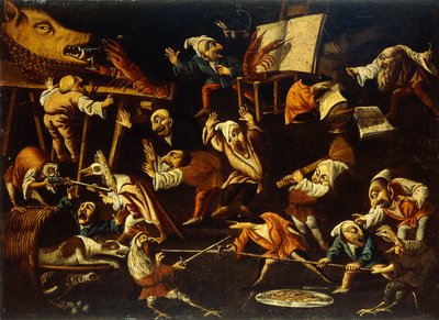 Imaginære dyr og dverger som slåss, drikker og surrer av Faustino Bocchi or Boccasi