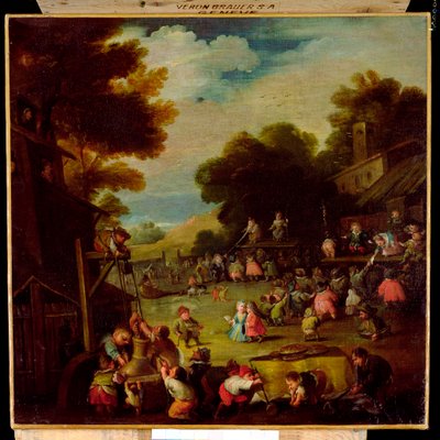 Pygmeer på en messe, hente vann fra en brønn i forgrunnen og se teaterforestillinger utover av Faustino Bocchi or Boccasi