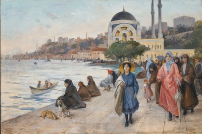 Mafalda på bredden av Bosporos, Dolmabahce-moskeen i bakgrunnen (olje på lerret) av Fausto Zonaro