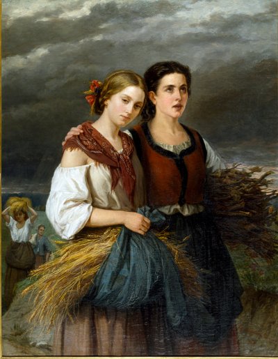 Åkrenes tilbakekomst To unge bønder med hvetekolber i forkleet står sammen. Maleri av Federica Giuliano Gervasoni (1838-1915) 1863 Søn. 135x105 cm Genes Nervi, Galleria d