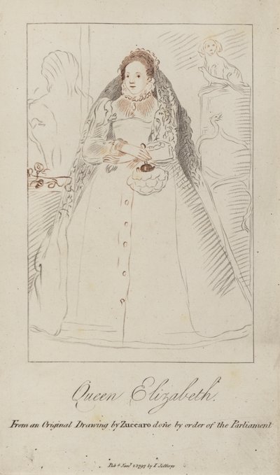 Dronning Elizabeth I (farget gravering) av Federico (after) Zuccari or Zuccaro