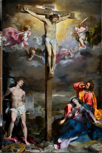 Korsfestelsen av Kristus med Vår Frue, Evangelisten Johannes og den hellige Sebastian av Federico Fiori Barocci or Baroccio