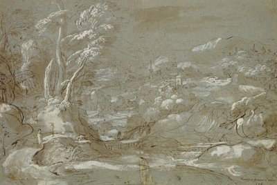 Landskap (penn og blekk på papir med hvit utheving) av Federico Fiori Barocci or Baroccio