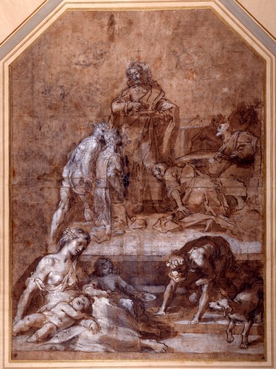Religiøs allegori, samlingen av Manna og eukaristiens institusjon (penn og blekk og kritt med vask, forsterket med hvitt på papir) av Federico Fiori Barocci or Baroccio