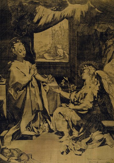Bebudelsen (etsing, gravering og tørrpunkt på gul silketaft) av Federico Fiori Barocci or Baroccio