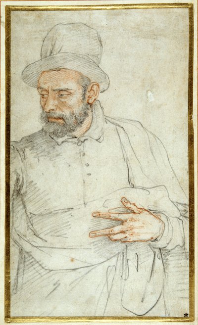 En skjeggete mann, halvlang, som står kledd for gaten (farget kritt på papir) av Federico Zuccaro