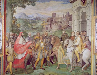 Charles V (1500-58) med Alessandro Farnese (1546-92) i Worms, fra 'Sala dei Fasti Farnese' (Hall of the Splendors of the Farnese), 1557-66 (se 95812) av Federico Zuccaro
