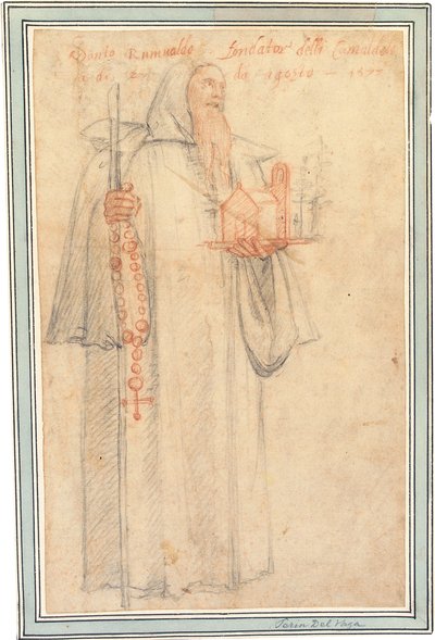 Fra Stefano, prokurator for kamaldolittene i Vallombrosa, som Saint Romuald, med en modell av en kirke og en rosenkrans, 1577 av Federico Zuccaro
