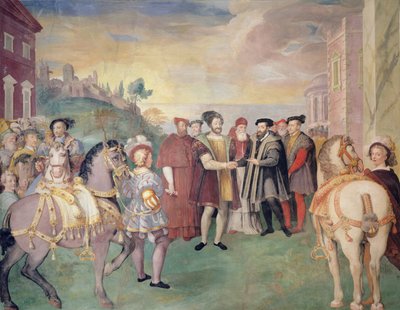 Våpenhvilen i Nice mellom Francois I og keiseren Charles V i 1538, i sentrum, pave Paul III Farnese, valgt i 1534 av Federico Zuccaro