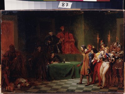 Mosaikkkunstnere før råd av tre i Venezia (Italia) (mosaikkkunstnere før råd av tre i Venezia). Maleri av Feodor Andreyevich Bronnikov (1827-1902). Olje på lerret, før 1886, 25,5 x 37,5 cm, russisk kunst. Statens A. Radishchev kunstmuseum, av Fedor Andreevich Bronnikov