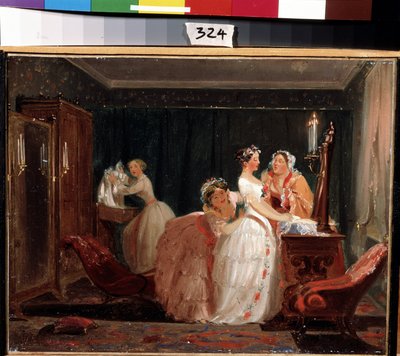 Bryllupsforberedelsene. En borgerlig jente i brudekjole forbereder seg til bryllupsseremonien. Verk av Feodor Andreyevich Bronnikov (1827-1902). Olje på papir, 26 x 33 cm av Fedor Andreevich Bronnikov
