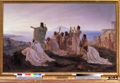 ""The Hymn to the Rising Sun of Pythagoras"" Rituell seremoni i antikkens Hellas inspirert av Pythagoras teorier knyttet til musikk og stjernene. Maleri av Feodor Andreyevich Bronnikov (1827-1902) 1869 State Tretyakov Gallery Moskva av Fedor Andreevich Bronnikov
