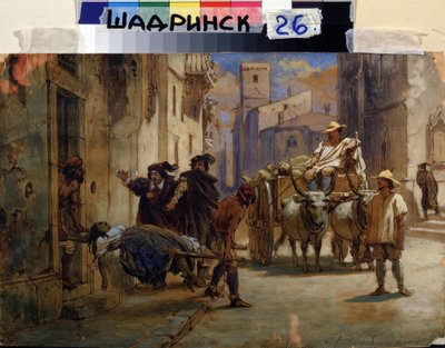 Under en epidemi. Bårebærere som fjerner liket av en død kvinne fra et hus for å legge det i en vogn sammen med andre lik. Maleri av Feodor Andreyevich Bronnikov (1827-1902). Olje på papp, 21,8 x 33 cm, russisk kunst av Fedor Andreevich Bronnikov