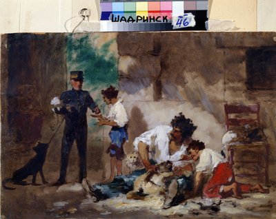 Hundefrisør i Napoli (Italia) (Hundefrisør i Napoli). Verk av Feodor Andreyevich Bronnikov (1827-1902). Olje på papp, 33 x 50 cm, russisk kunst. Museum for regionale studier, Shadrinsk (Russland). av Fedor Andreevich Bronnikov