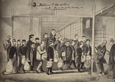 Fotografisk kopi av en tegning av Charles Wirgman med tittelen, 3 itchiboos to the dollar or Dea av Felice Beato