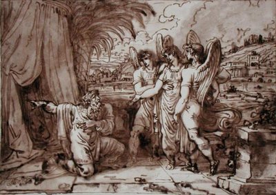 Abraham og englene (penn og brunt blekk, brun vask over blyant på papir) av Felice Giani