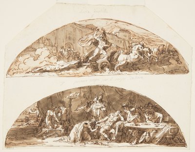 Achilles drar kroppen til Hector rundt Walls of Troy, Priam ber om kroppen til Hector, takdesign for Galleria di Achille, Palazzo Milzetti, Faenza, Italia av Felice Giani