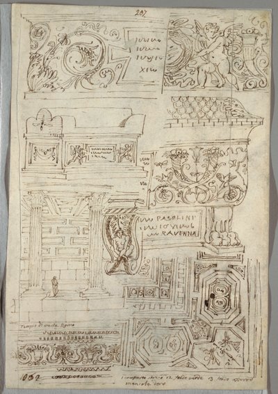 Dekorativ studie; Verso: To hodestudier av Felice Giani