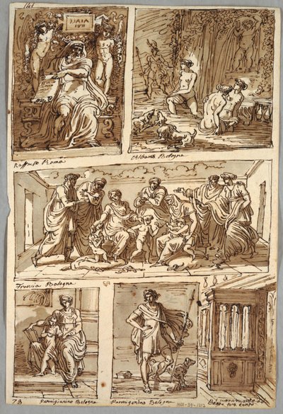 Design etter malerier av Raphael og malerier i Bologna av Albani, Francia, Parmigianino; Monument Verso: Anatomisk studie av Felice Giani
