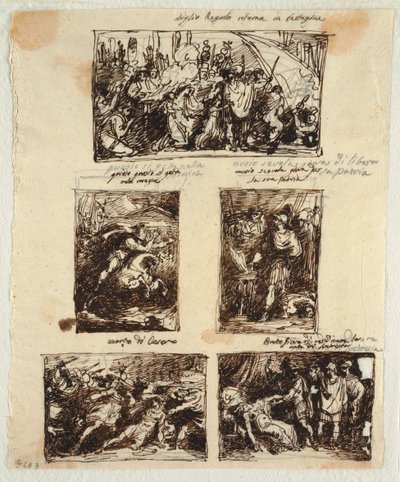 Design for forskjellige dekorasjoner, inkludert Coriolanus ved Romas murer av Felice Giani
