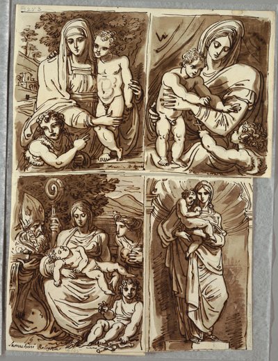 Madonna and Child og St. John, Study after Francia; Madonna og barn med St. John, Studie etter Dossi; Madonna og barn med St. John, biskop Saint, St. Appolonia; Madonna og barn i nisje, studie etter skulptur av Salvator Mundy av Felice Giani