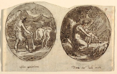 Man the Farmer, Diana the Goddess of the Hunt, Design for hvelvet tak, Sala dei Legislatori, Palazzo Conti-Sinibaldi, Faenza av Felice Giani