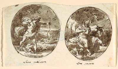 Man the Hunter, Man the Shepherd, Design for hvelvet tak, Sala dei Legislatori, Palazzo Conti-Sinibaldi, Faenza av Felice Giani