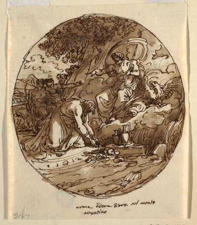 Numa Pompilius tilber Jove på Aventine, takdesign for Sala di Numa Pompilius, Palazzo Milzetti, Faenza av Felice Giani