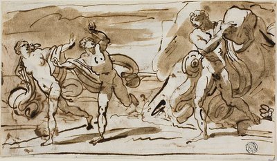Polyphemus kaster steinblokker på den flyktende Aeis og Galatea (recto); Polyphemus Playing His Reed Pipes for Galatea (verso) av Felice Giani