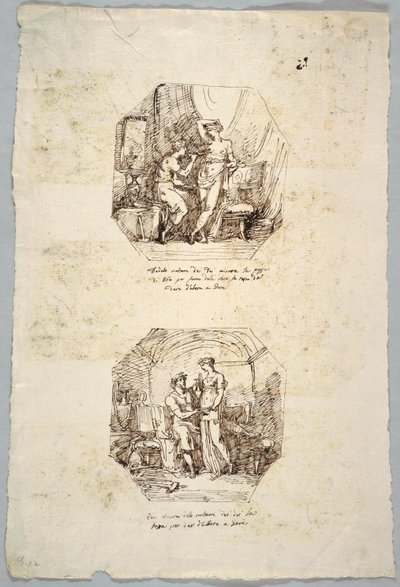 Prosjekt for to åttekantede malerier: Daedalus bruker Breasts of Hebe som modell for skål for Jupiter. Hebe mottar denne skålen fra ham. av Felice Giani