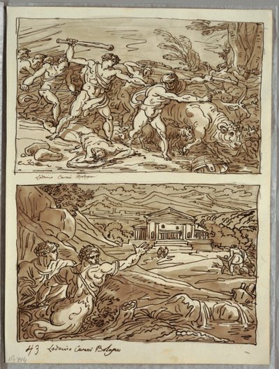 Remus kjører bort og dreper røverne av flokkene; Santuary for the Fugitives on the Campidoglio, to studier etter Carracci av Felice Giani