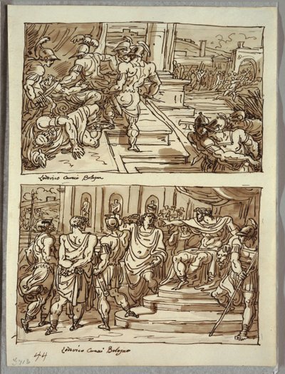 Remus dreper kong Amulius; Remus ledet i lenker foran kong Amulius; To studier etter Carracci av Felice Giani