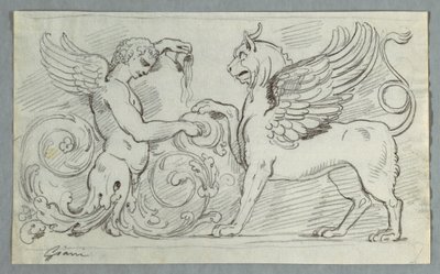 Skulpturfrise med halvfigur av Winged Boy og Griffon av Felice Giani